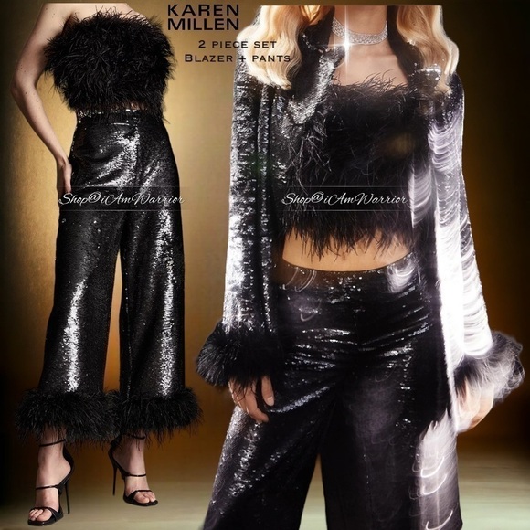 Karen Millen NWT 2 PC black feather trim sequin  blazer + pants *shop@iamwarrior - Picture 6 of 11